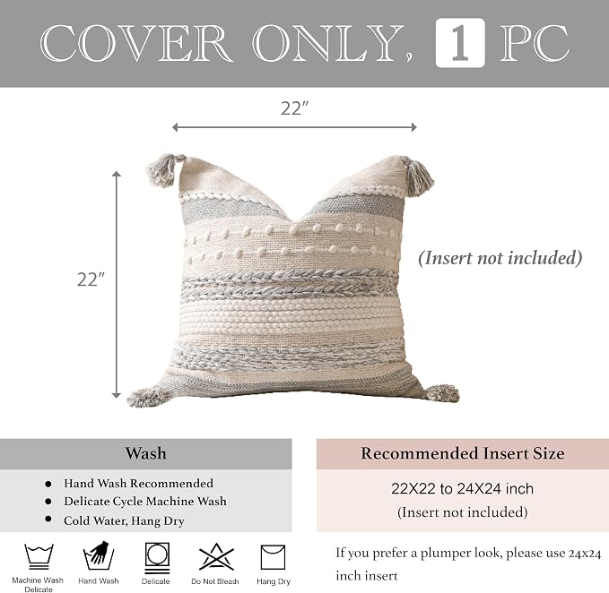 Gray Boho Decorative Throw Pillow Cover 22x22 Square Farmhouse Accent Cushion - Image 4