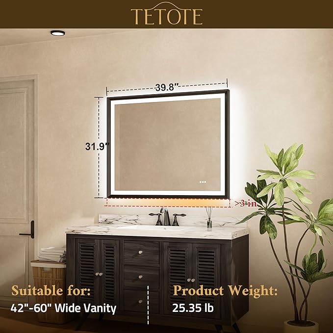 TETOTE LED Mirror for Bathroom Black Metal Frame 40x32 Frontlit & Backlit Lighted Vanity Mirror Baroque Gothic Anti Fog Stepless Dimmable White/Warm/Natural,CRI90+,Waterproof(Horizontal/Vertical)