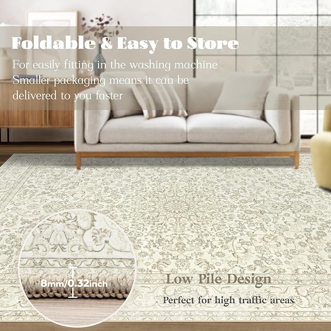 Area Rug 9x12 Washable Rug, Vintage Boho Medallion Rugs Non-Slip Soft Low Pile - Image 7