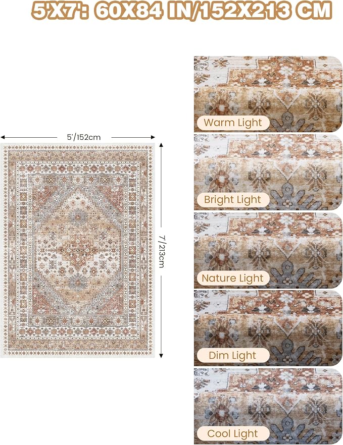 Area Rugs 5x7 Washable Rugs for Living Room, Ultra-Thin Soft Floral Vintage - Image 2