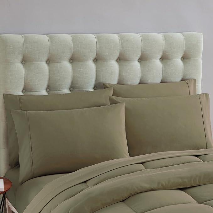 Sweet Home Collection 7 Piece Comforter Set Bag Solid Color All Season Soft Down Alternative Blanket & Luxurious Microfiber Bed Sheets, Sage, Twin XL