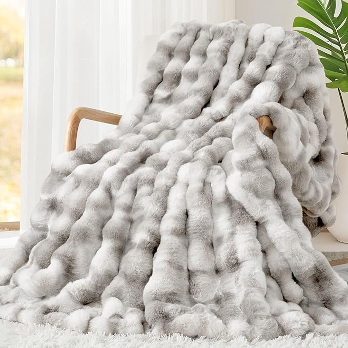 Luxury 1000GSM Faux Rabbit Fur Throw Blanket, Super Heavy Warm Cozy Grey by TOUCHAT