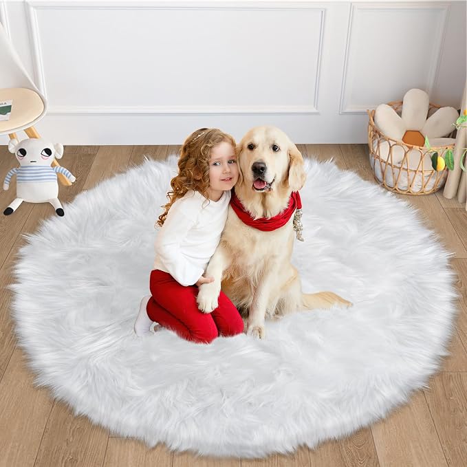 4 ft Fluffy White Round Rug for Bedroom, Furry Faux Sheepskin Fur White Circle by TENNOLA