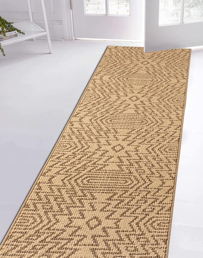 Custom Length Cut to Size Tribal Ethnic Southwestern Inspired Hallway Runner Rug, Non Slip Rubber Backed, 31 inch Wide X Customized Length, Inca Tan, 31 inch X 15 feet