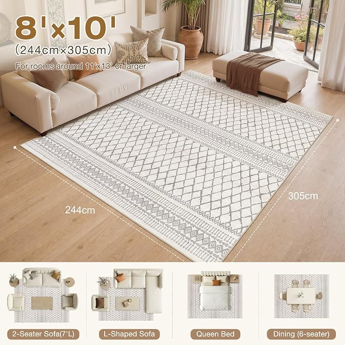 cotiled Boho 8x10 Area Rugs for Living Room: Large Moroccan Washable Rug | - Image 8