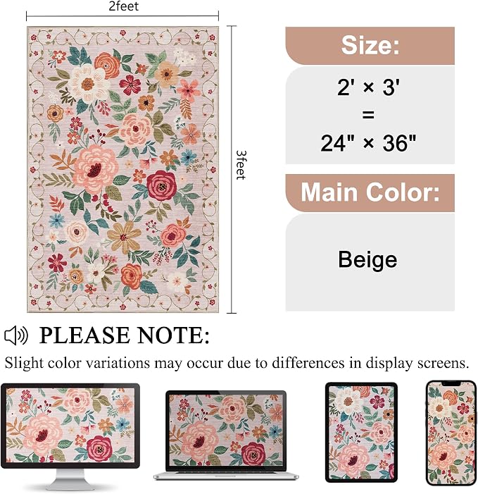 DUKINO 2x3 Entryway Rug, Floral Door Mat Soft Washable Rug Non Slip, - Image 2