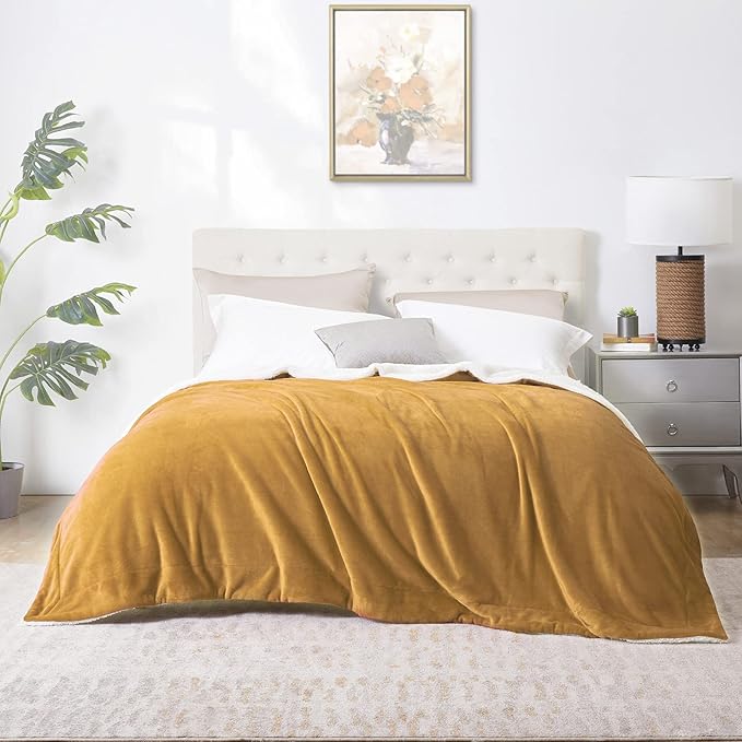 Walensee Sherpa Fleece Blanket (Throw Size 50”x60” Honey Gold) Plush Throw Fuzzy Super Soft Reversible Microfiber Flannel Blankets for Couch, Bed, Sofa Ultra Luxurious Warm and Cozy for All Seasons