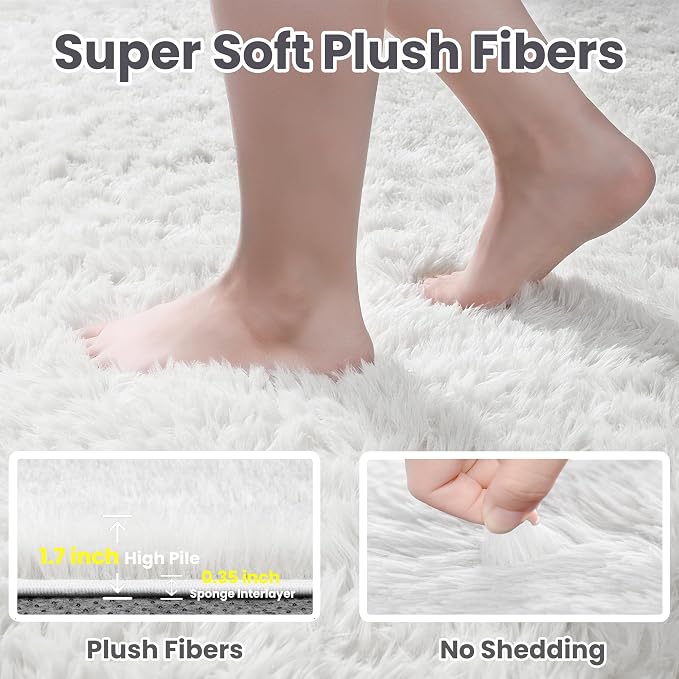 5x8 Fluffy Shag Area Rugs for Living Room Bedroom: Soft Plush Carpet White | - Image 8
