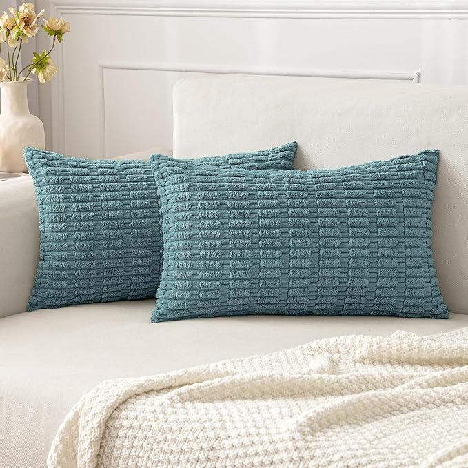 MIULEE Lumbar Corduroy Decorative Throw Pillow Covers 12x20 Coastal Blue | Pack by MIULEE