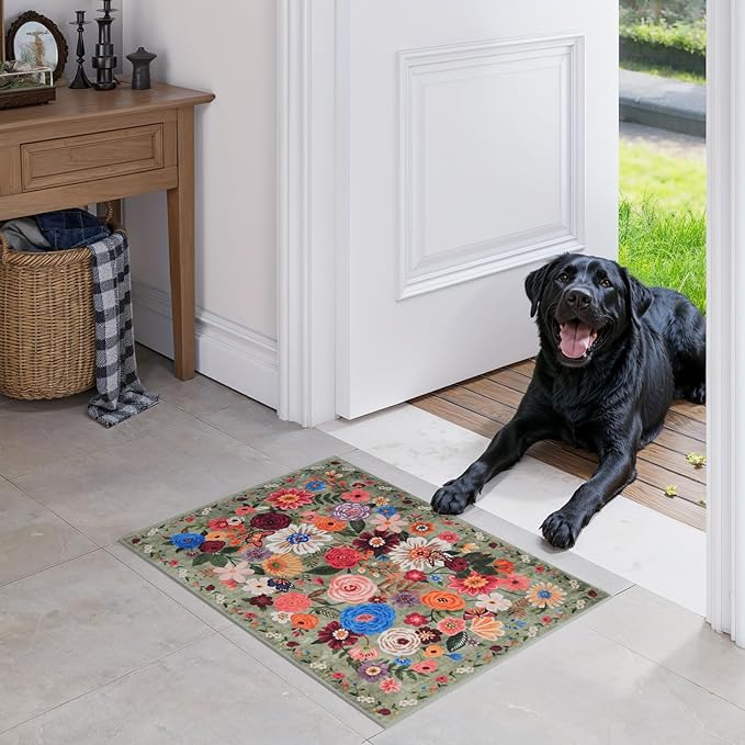Green Floral Entry Rug Small Door Mat 24x17 Inch - Image 6