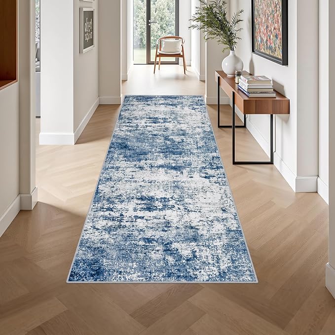3x8 Washable Runner Rug：Modern Abstract Kitchen Soft Carpet Blue | - Image 4