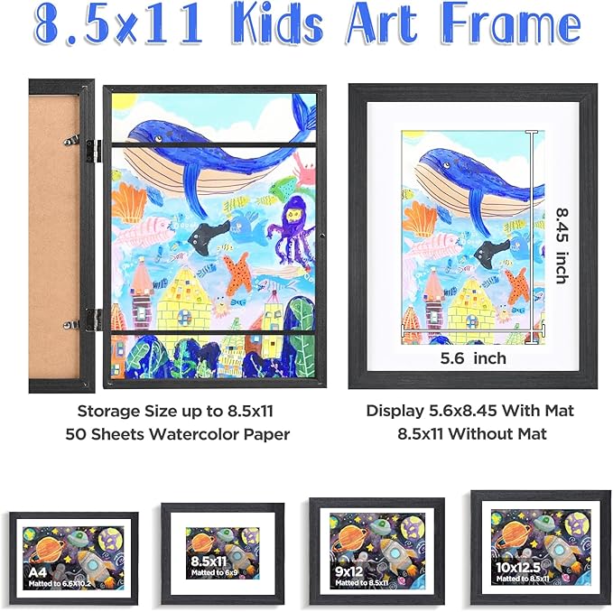 KINLINK 8.5x11 Kids Art Frames Set of 2, Solid Wood Kids Artwork Frames Changeable with Acrylic Front Opening Holds 150 Pictures, Art Frame for Kids Artwork with Mat or without Mat, Black Wood