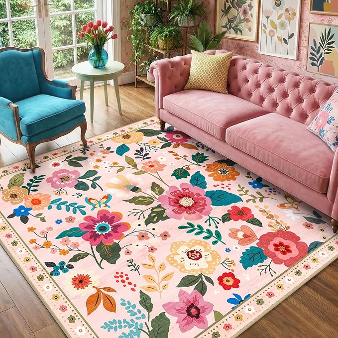 RELEANY Floral Washable Square 6ft Area Rug Pink | Flower Carpet Print Boho by RELEANY