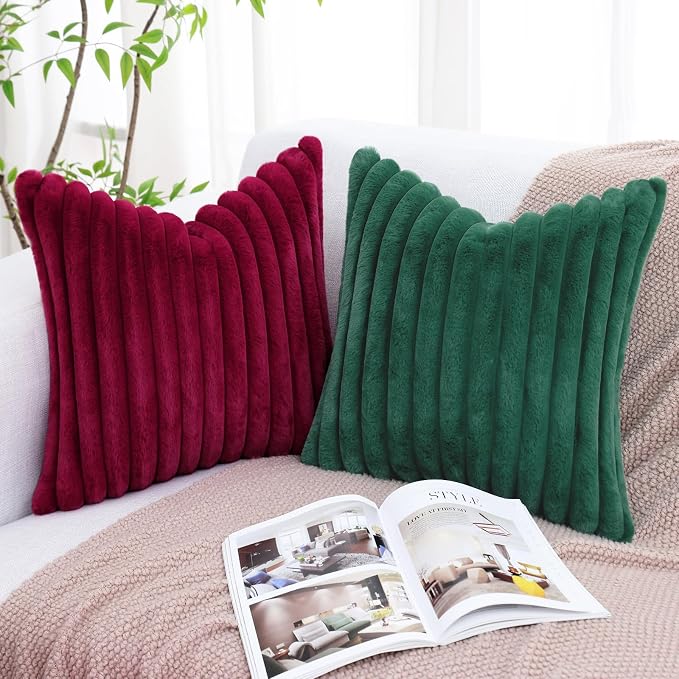 decorUhome Fall Faux Fur Throw Pillow Covers 18x18 Set of 2 Christmas Green | - Image 6