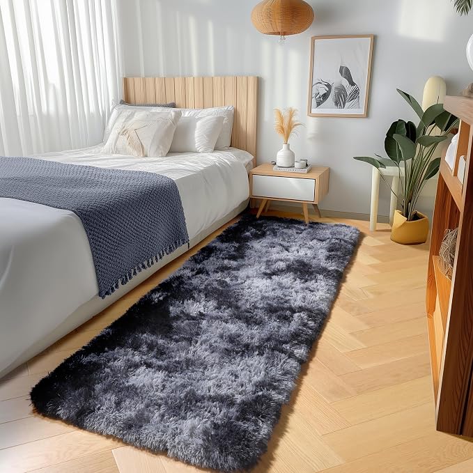 Runner Rugs for Bedroom Living Room, Fluffy Tie-Dyed Dark Grey 2x6 Area Rug | - Image 4