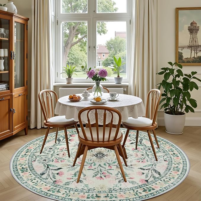 PLHXFR Round Area Rug Living Room: 6 ft Floral Washable Carpet Green Beige | - Image 4
