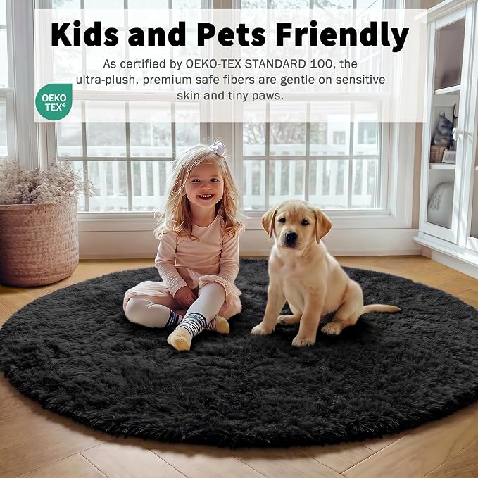 Black Round Rugs 7ft for Living Room, Fluffy Bedroom Circle Area Rug, Soft - Image 6