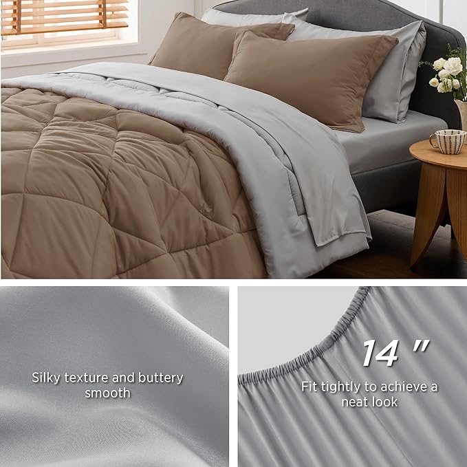 Bedsure Full Size Comforter Set - 7 Pieces Reversible Brown Bedding, Full Size Bed Set for All Seasons, Bed in a Bag with Down Alternative Comforter, Sheets, Pillowcases & Shams