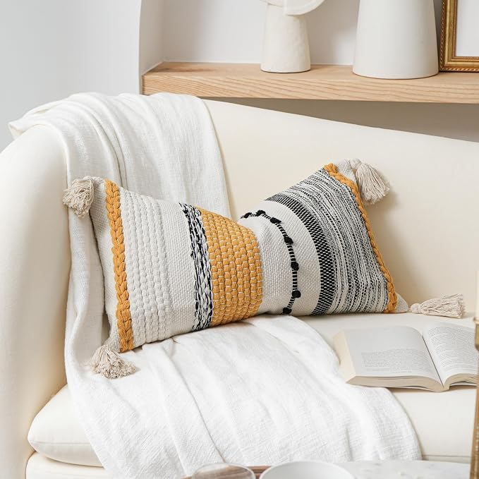 Decorative Lumbar Throw Pillow Cover 14x24 Boho Yellow Mustard Accent Cushion - Image 6