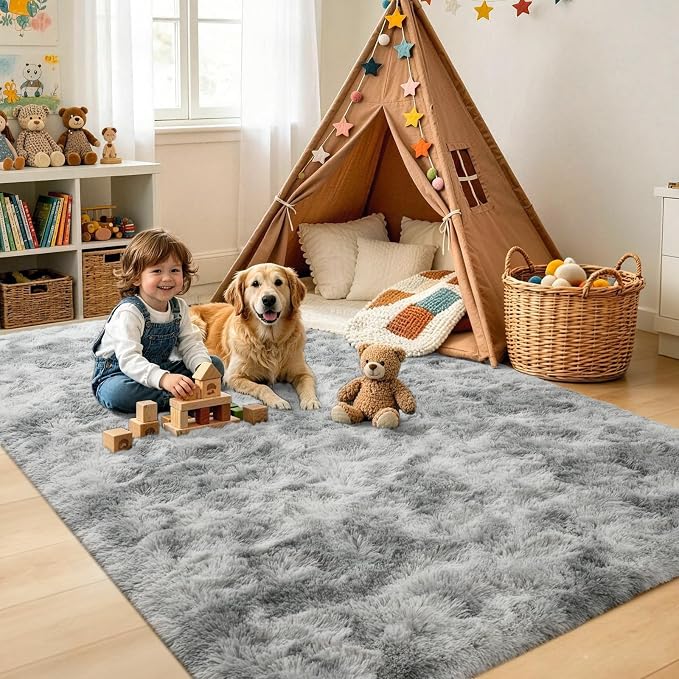 4x6 Tie-Dyed Grey Fluffy Soft Area Rug Non-Slip - Image 4