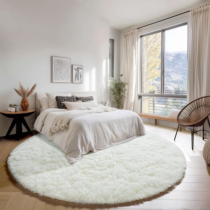 Cream White Round Rugs 7ft for Living Room, Ivory Fluffy Bedroom Circle Area Rug - Image 3