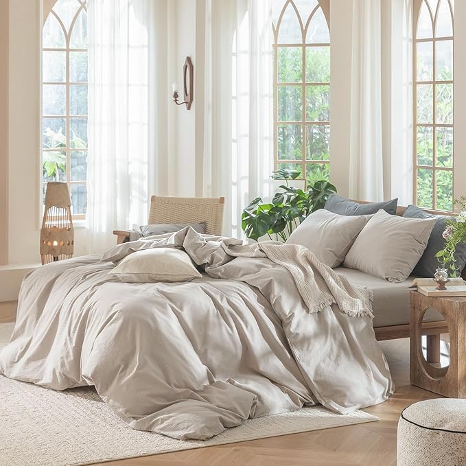 MooMee Bedding Duvet Cover Set 100% Washed Cotton Linen Like Textured Breathable Durable Soft Comfy (Solid Light Tan, Super King 108"x98")