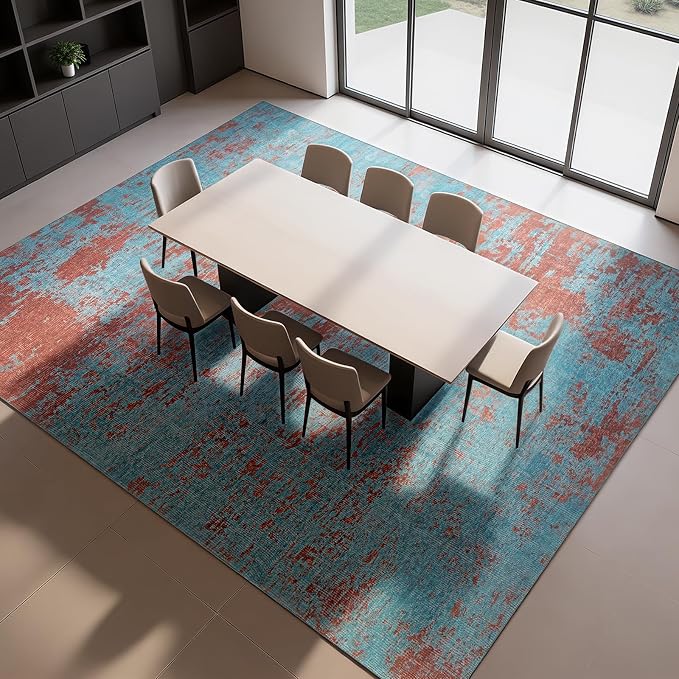 8x10 Washable Area Rugs for Living Room, Dining Room- Blue Red | Ultra Soft Low - Image 7