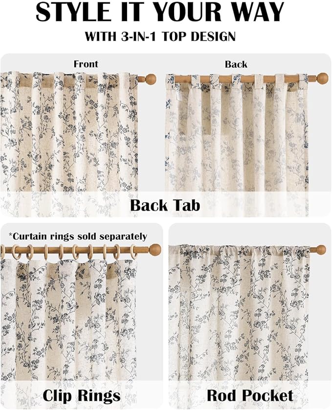 Black Vintage Floral Linen Curtains Farmhouse 50W X 90L 2 Panels | Elisa Series - Image 6