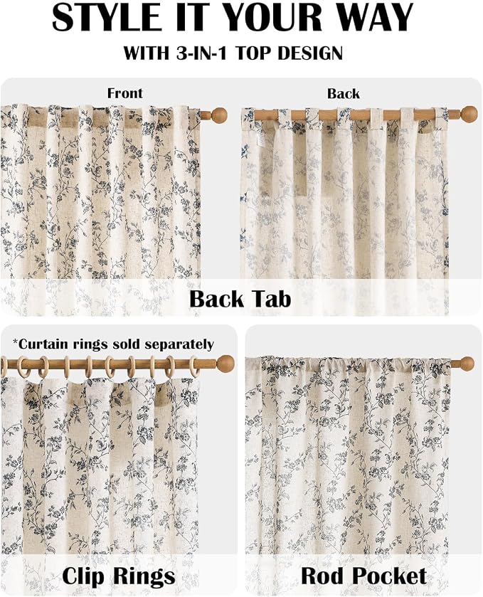 Black Vintage Floral Linen Curtains Farmhouse 50W X 96L 2 Panels | Elisa Series - Image 6