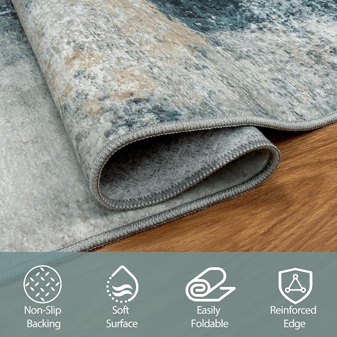 5x7 Area Rugs for Living Room Washable Bedroom Dining Room Teal Grey Gold | - Image 4