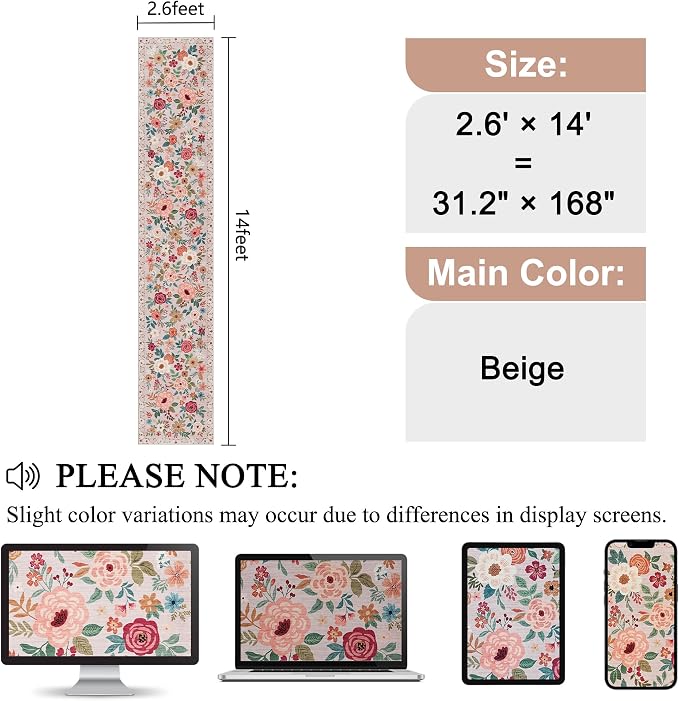 DUKINO 2.6x14 Washable Runner Rug, Floral Non Slip Long Runner Rug, Low Pile - Image 2