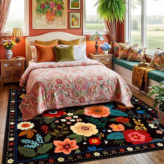 RELEANY Floral Washable Square 6ft Area Rug Black | Flower Carpet Print Boho - Image 6