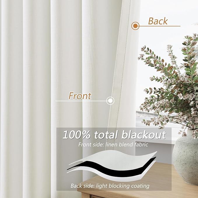 100% Blackout Linen Curtains 98 Inch Long by 52 Inch Wide 2 Panels Set - Image 4