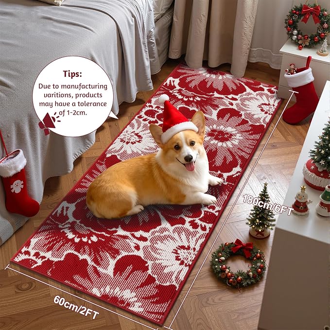 Findosom Christmas Runner Rug 2x6, Non Slip High-Low Textured Floral Washable - Image 2