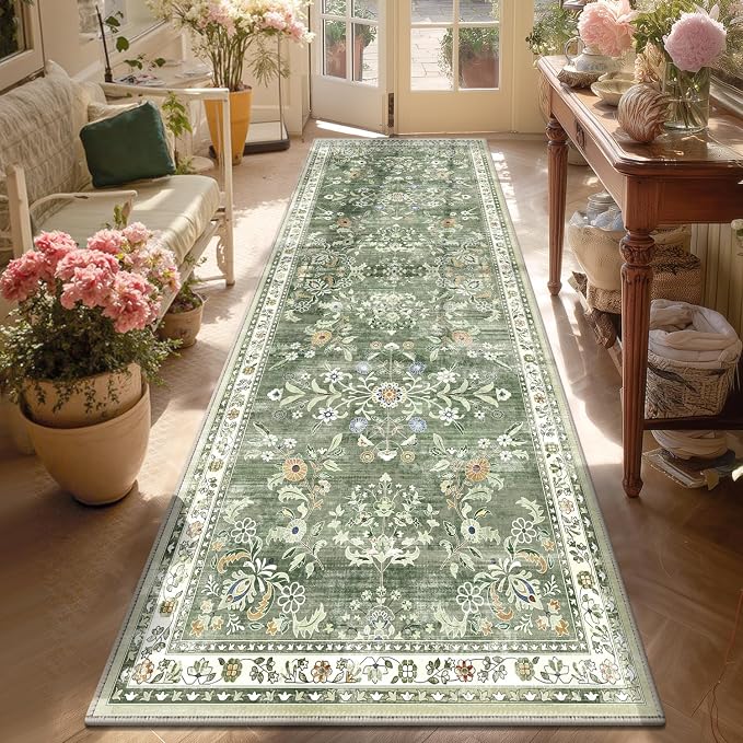 Yamaziot 3x8 Washable Hallway Runner Rug Non Slip Floral Carpet, Sage Green | by Yamaziot