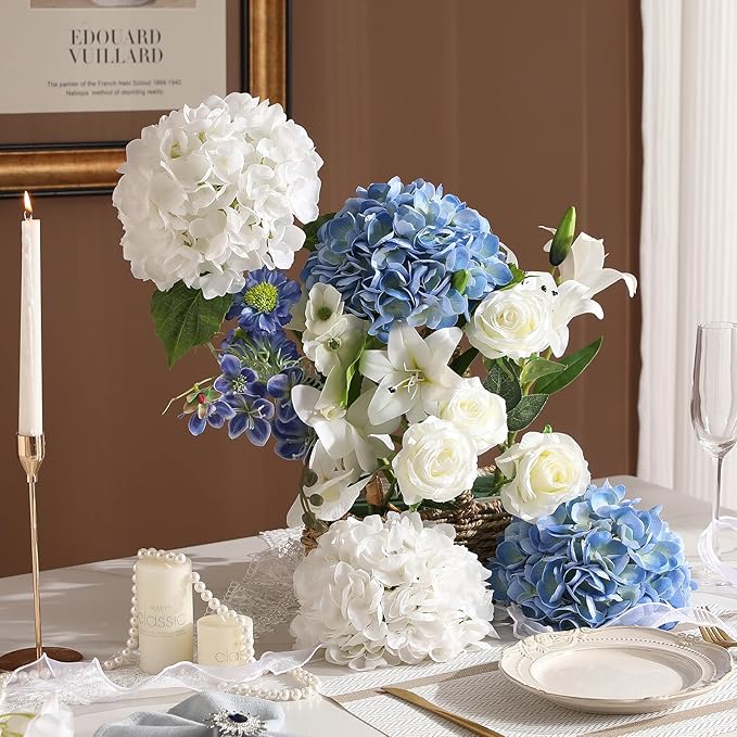 Nubry 22.44In Hydrangea Artificial Flowers, 4Pcs Latex Faux Real Touch Large Hydrangea Flowers with Long Stems & Leaves for Home Office Decor Wedding Party Arrangements(White&Blue)