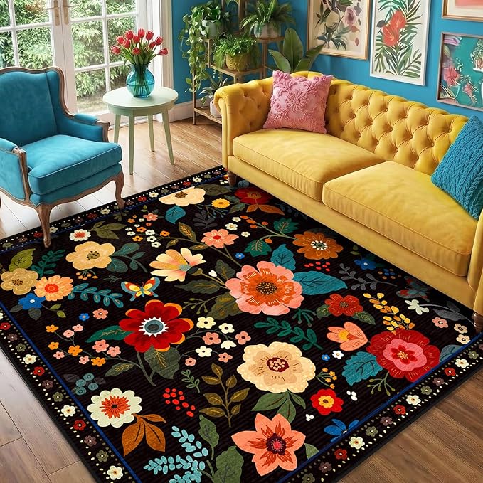 RELEANY Floral Washable Square 4ft Area Rug Black | Flower Carpet Print Boho - Image 8