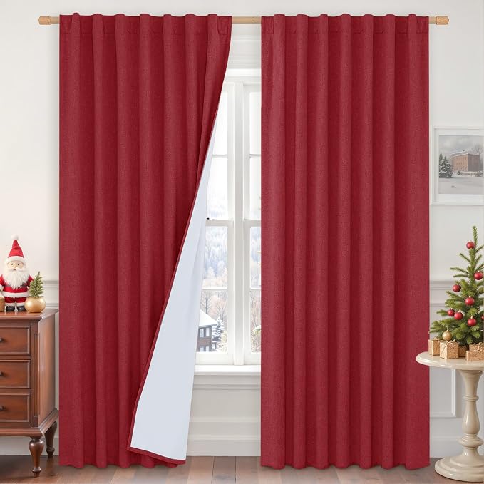 Red 100% Blackout Linen Curtains 84 Inch by LAMIT