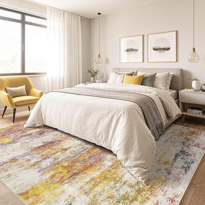 LOONGRUG 4x6 Area Rug Machine Washable Neutral Modern Rugs Gold Colorful | - Image 4