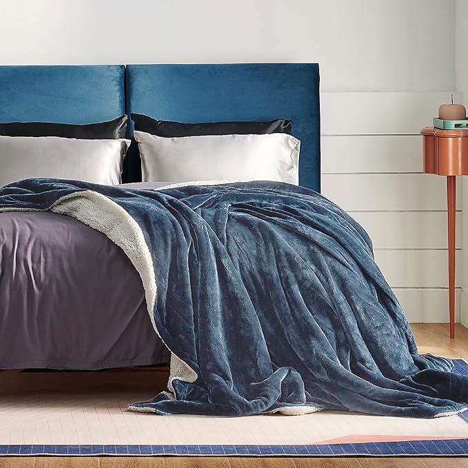 Bedsure GentleSoft Sherpa Fleece Blankets King Size for Bed - Thick and Warm, Soft Fuzzy Plush King Blanket for Winter, Slate Blue, 108x90 Inches