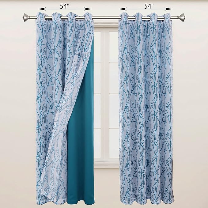 BONZER Mix and Match Curtains - 2 Pieces Branch Print Sheer Curtains and 2 Pieces Blackout Curtains for Bedroom Living Room Grommet Window Drapes, 54x63 Inch/Panel, Teal, Set of 4 Panels