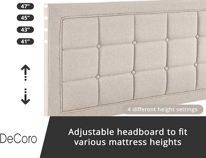 Decoro Mornington Upholstered 2.0 Platform Bed, Button-Tufted Fabric Headboard and Metal Frame with Wood Slat Support, Linen, Full