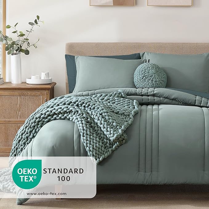 Monbix Twin XL Size Comforter Set - Extra Long 5 Pieces Dorm Bedding Sets, Quilting Design Fluffy Bed in a Bag Twin XL with Sheets, Pillowcase & Sham (Sage Green)