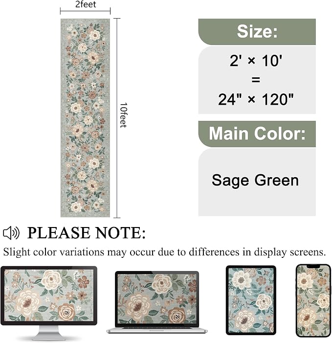 DUKINO 2x10 Runner Rug, Washable Kitchen Runner Rug Non Slip, Sage Green | Soft - Image 2