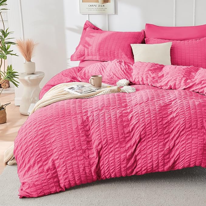 HYMOKEGE Hot Pink Queen Comforter Set Seersucker 7 Pieces, All Season Luxury Bed in a Bag Queen for Bedroom, Bedding Set with Comforter, Sheets, Pillowcases & Shams