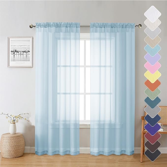 Sky Blue Sheer Curtains 72 Inches Length 2 Panels, Lightweight Dual Rod Pockets by Lecloud