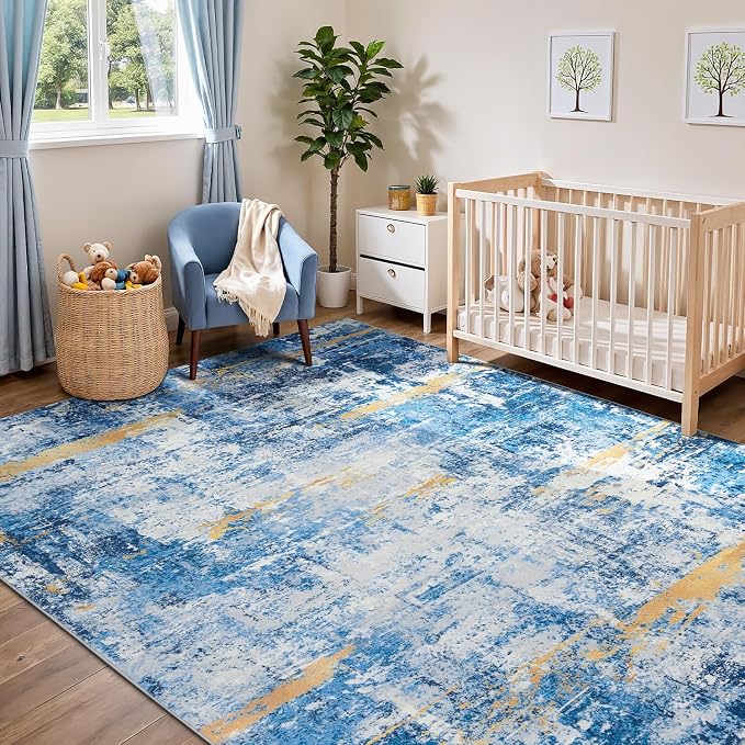 Rugflix 5x7 Area Rugs for Living Room, Washable Sky Blue Gold Large Rug | - Image 8