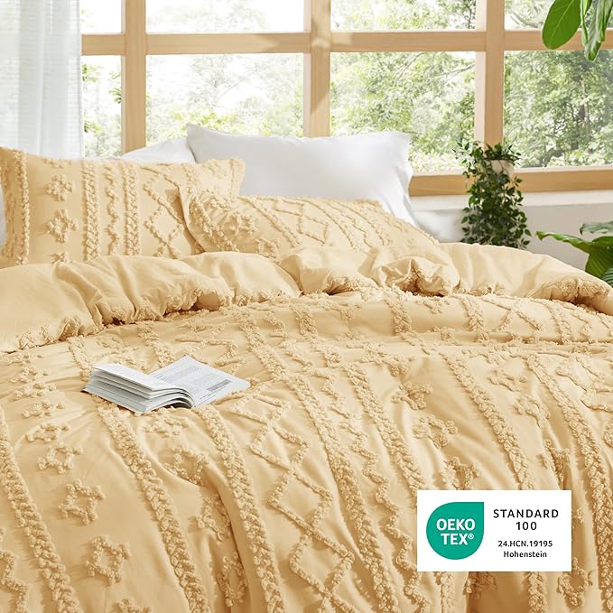 Bedsure Tufted Boho Comforter Set California King - Yellow Boho Bed Set, GentleSoft™ 3 Pieces Farmhouse Shabby Chic Embroidery Bedding, Gifts for Woman, Soft Jacquard Comforter for All Seasons