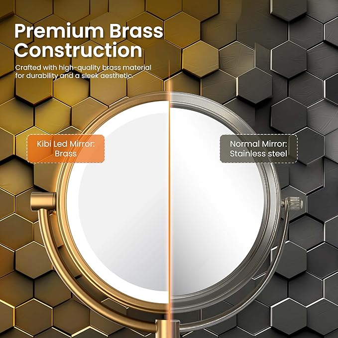 KIBI Circular Wall Mount Makeup Mirror with LED Lights, Dual-Sided 1x/5x Magnifying Mirror with Adjustable Arm, 360° Swivel, Solid Brass Construction for Durability and Style (Brushed Gold, KMM101)