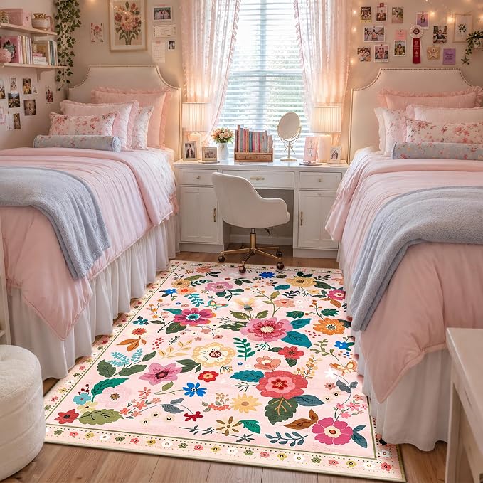 RELEANY Floral Washable 4x6 Area Rugs Pink | Flower Carpet Print Boho Cute Non by RELEANY
